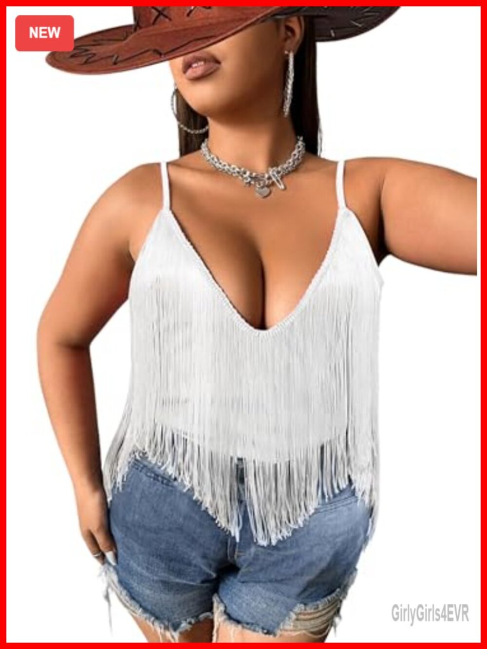 Plus Size Fringe Tank Top Western Concert Outfit V-Neck Tassel Hem